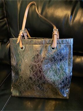Michael Kors Black MK Logo Tote with Tan Leather Handles